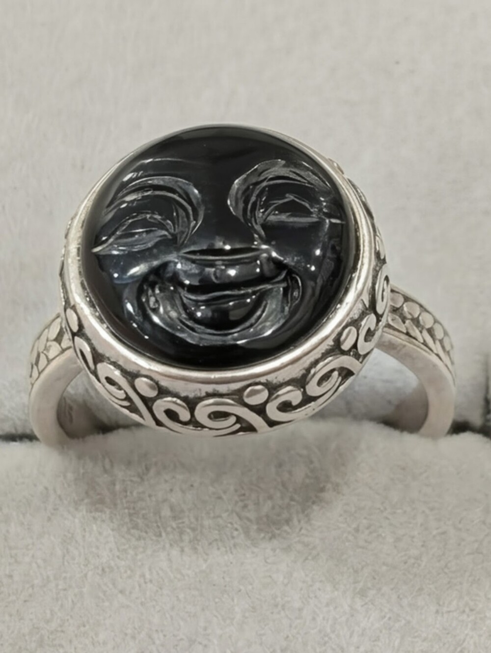 Sterling Silver And Black Onyx Smiling Celestial Moon Face Ring